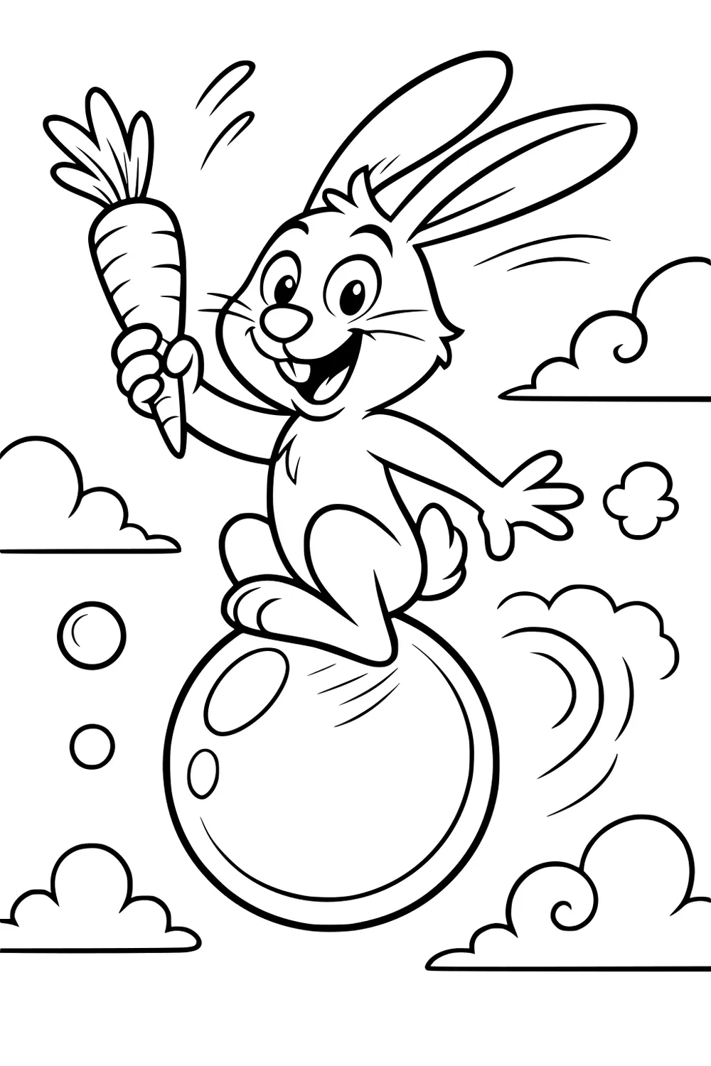 Rabbit riding a large bubble in the sky, holding a carrot, surrounded by clouds and swirls.
