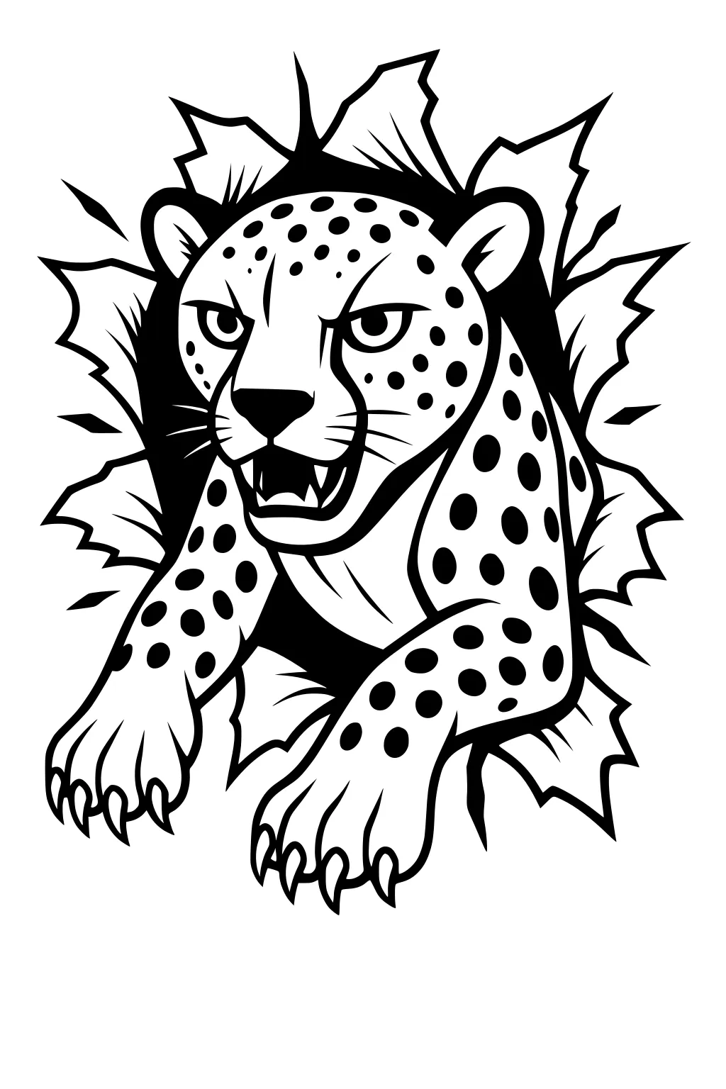 Cheetah with spots and open mouth bursting through torn paper, front paws extended, cartoon drawing with bold lines.