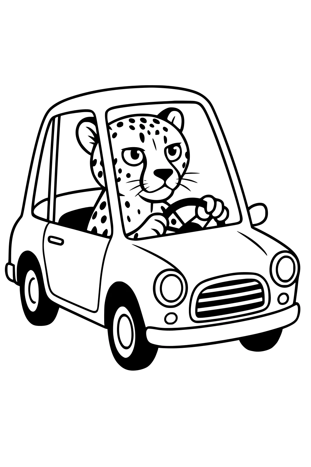 Cheetah with spots driving a compact cartoon car, gripping the wheel and looking straight ahead through the windshield.