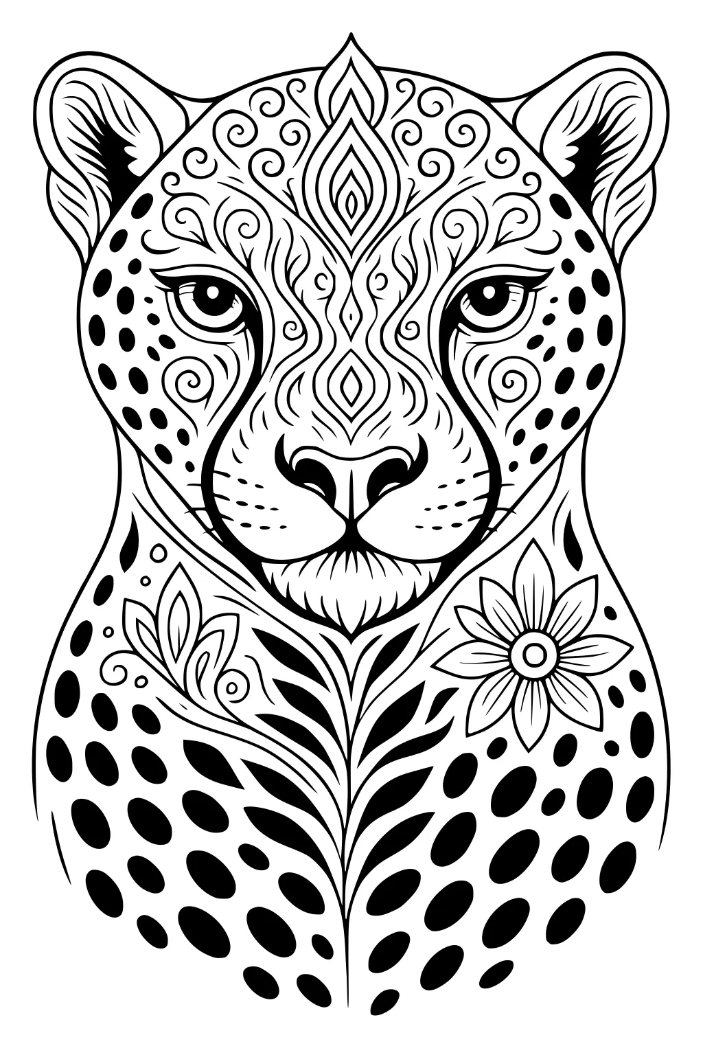 Cheetah face with swirly patterns, bold spots, and flower and leaf designs on neck.
