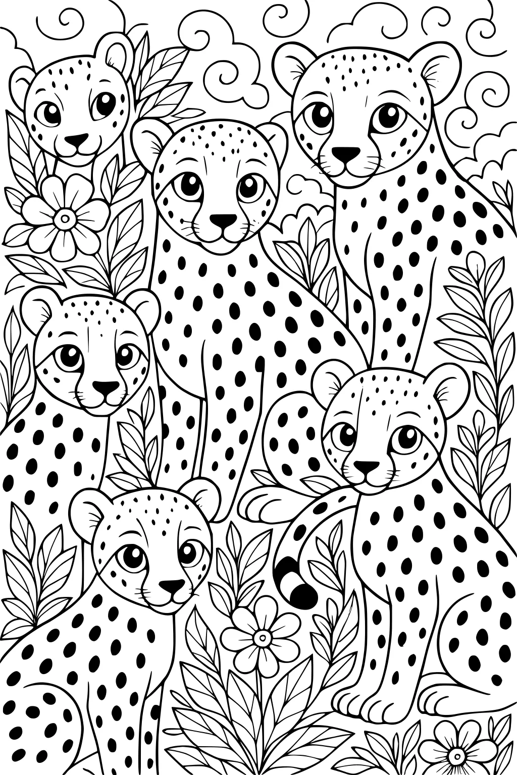 Five cheetahs with spotted coats sit among flowers, leaves, and swirling clouds, looking out with big eyes.