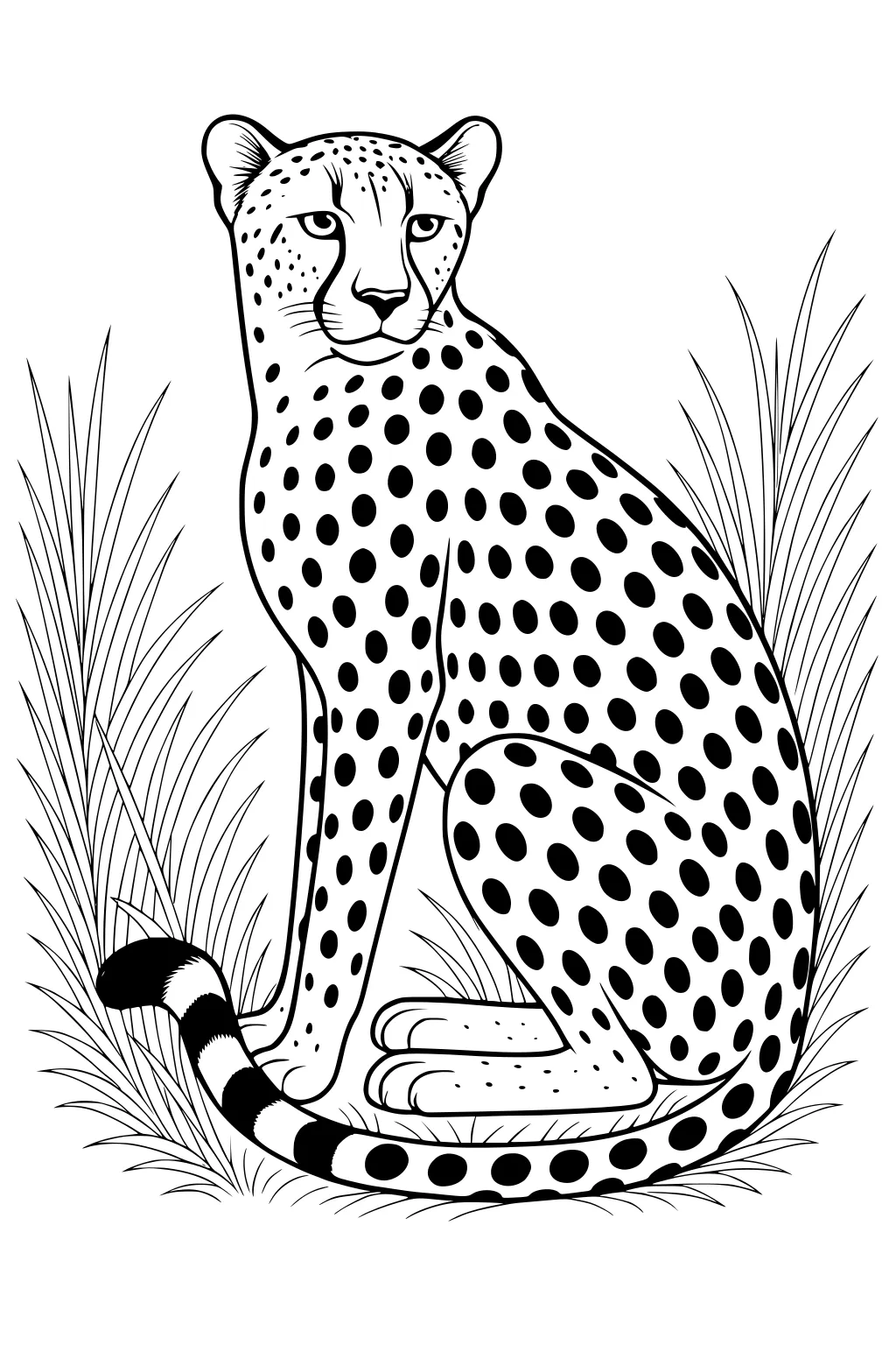 Sitting cheetah with black spots and striped tail surrounded by tall grass in a line drawing.