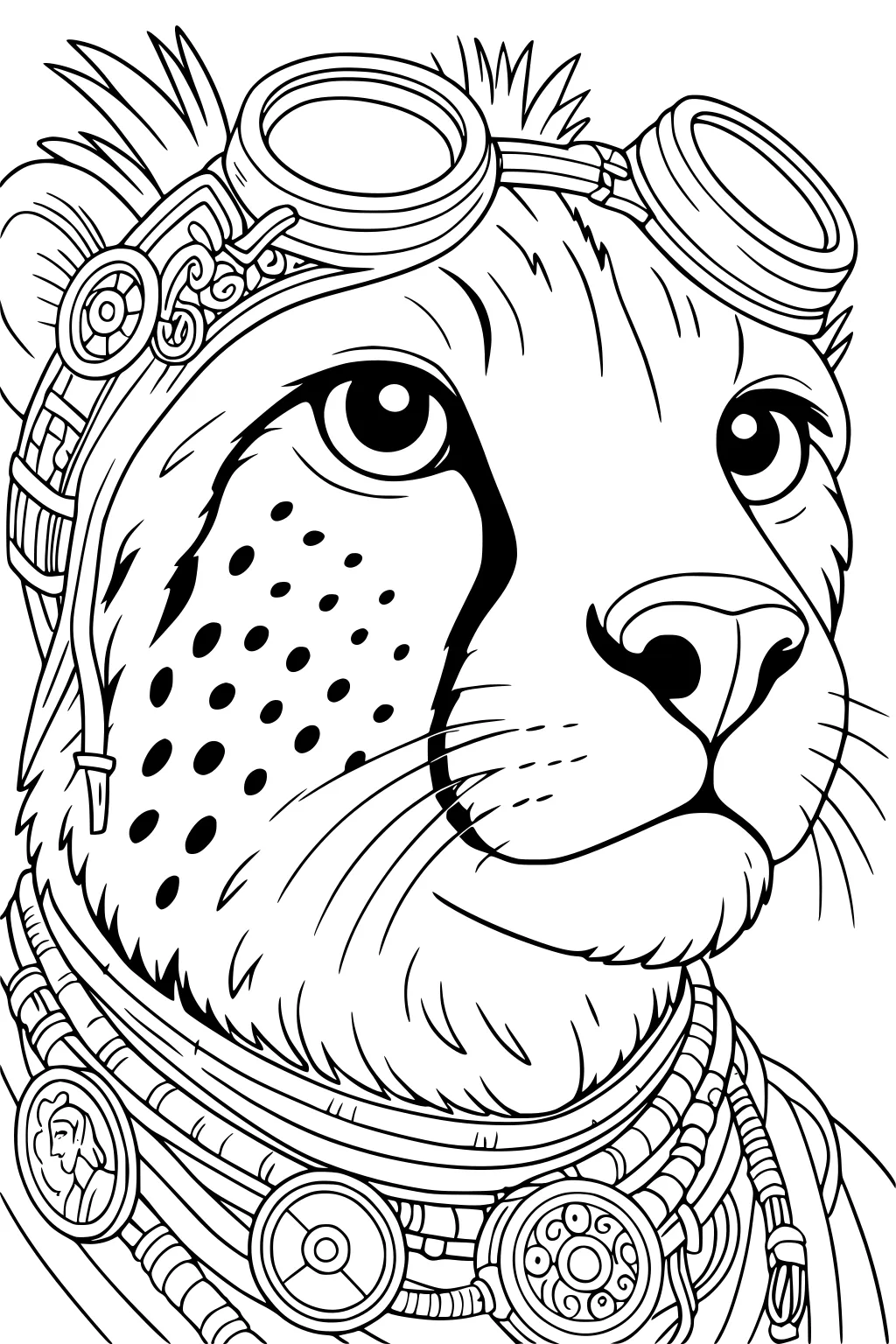 Cheetah with goggles on head and many detailed necklaces with gears, shown in bold line art.