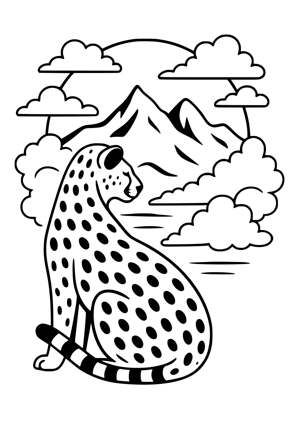 Cheetah with spots sits facing mountains, fluffy clouds float around, cheetah’s tail has stripes and its ears are perked up.