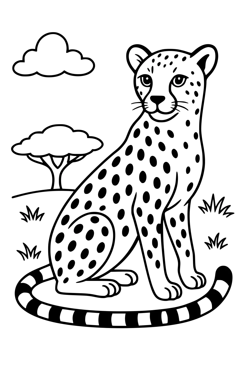 Cheetah with spots sitting on grass, striped tail, tree, clouds, and tufts of grass in background.