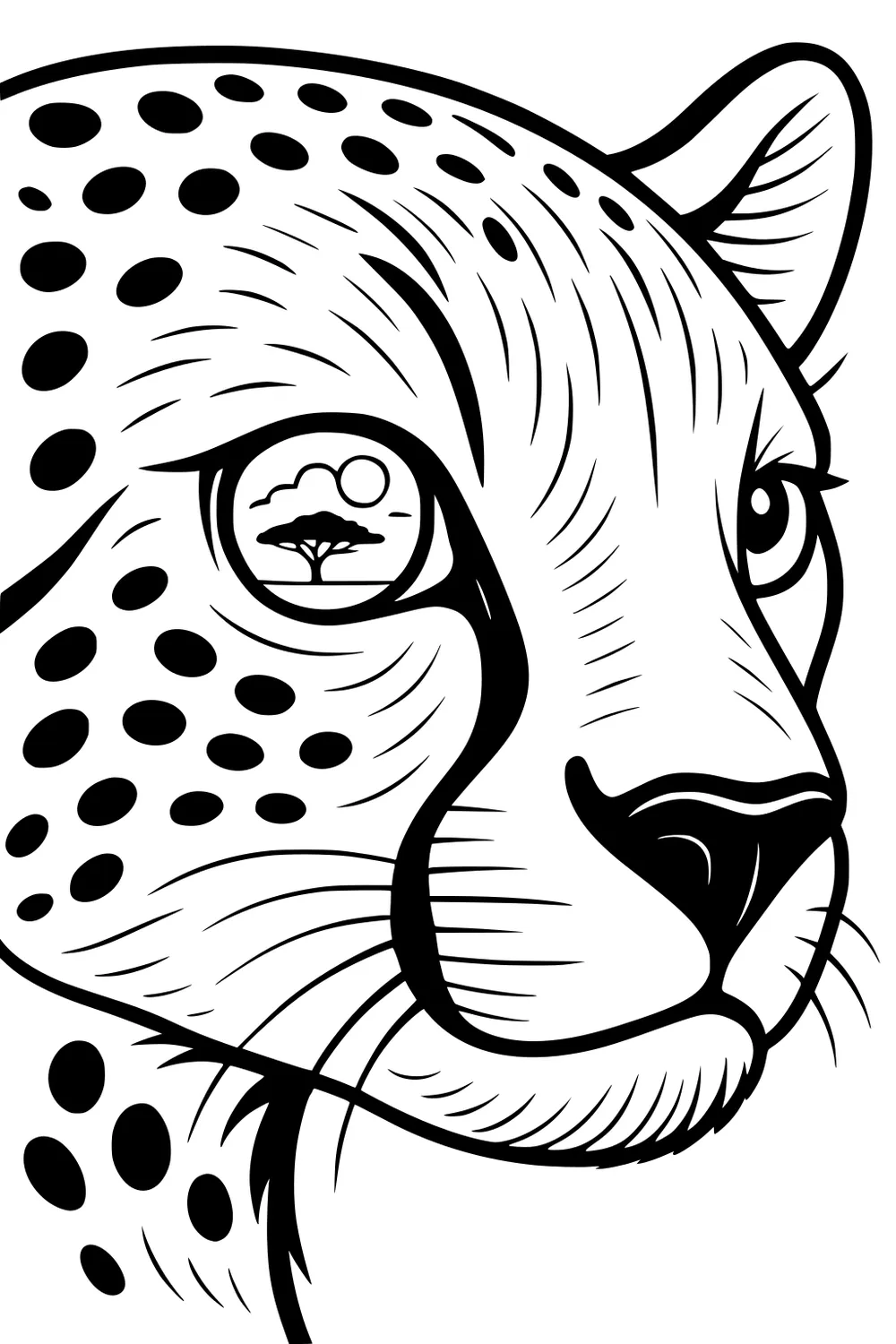 Cheetah face closeup with bold spots and an African tree and sun reflected in its eye.