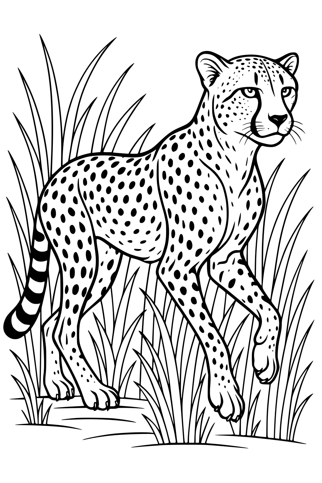 Cheetah with spot-covered body and striped tail walking through tall grass.