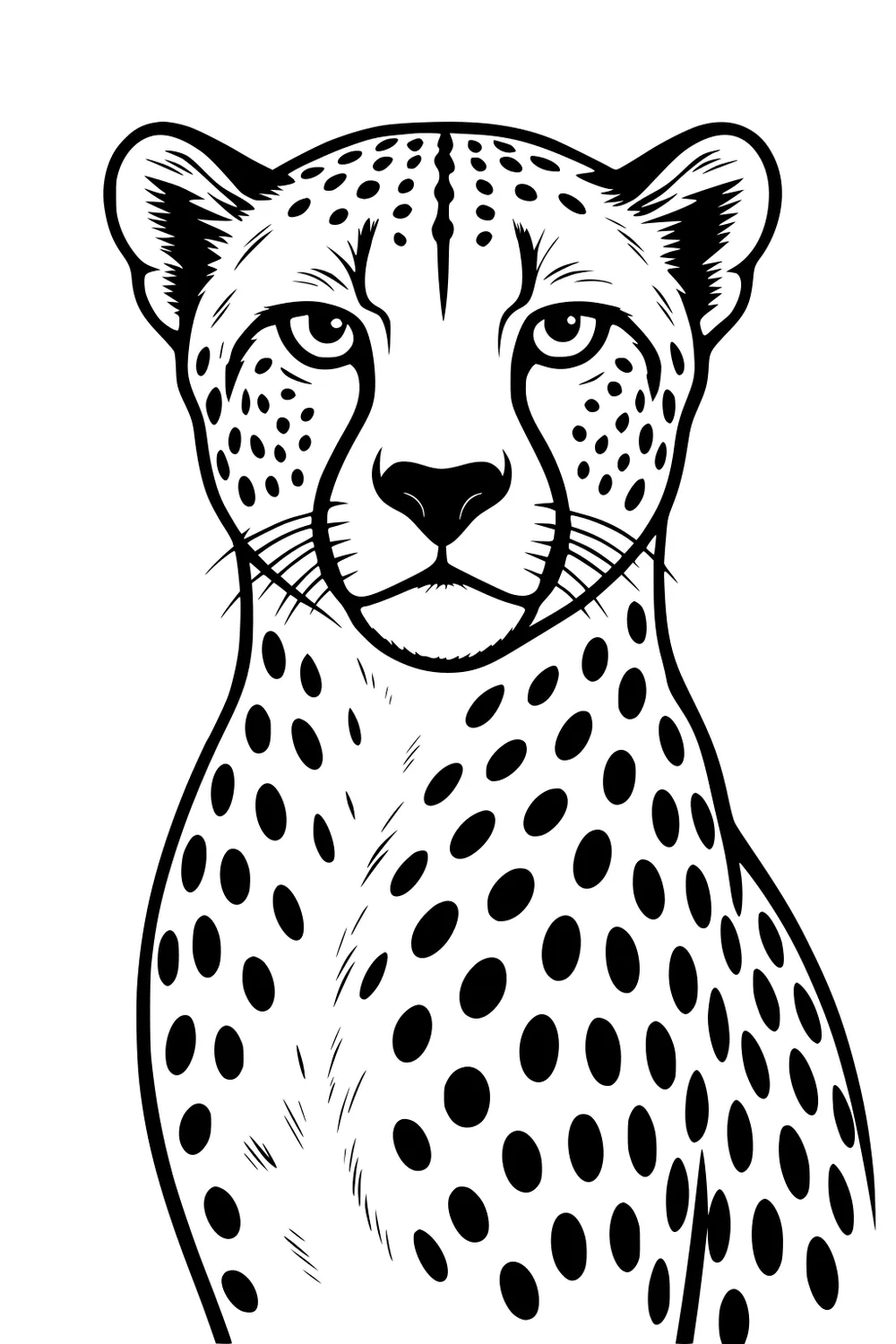Front view of a cheetah sitting upright with black spots, rounded ears, and alert eyes.
