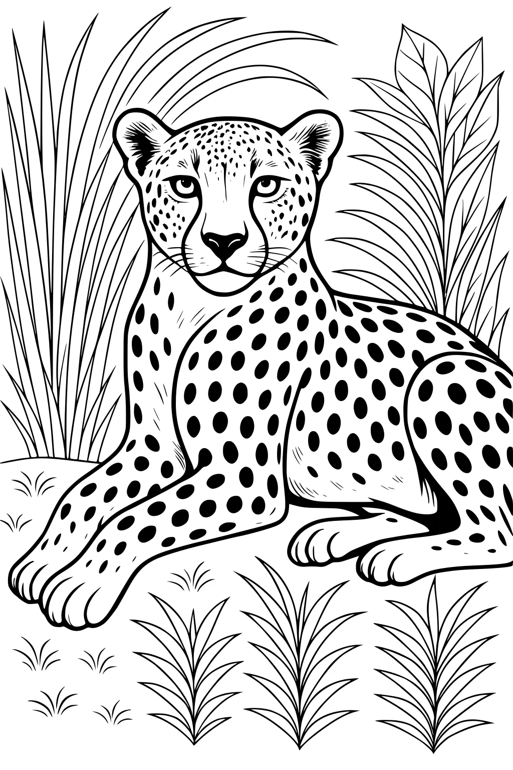 Cheetah with dark spots lies in grass, surrounded by tall leafy plants, looking forward.