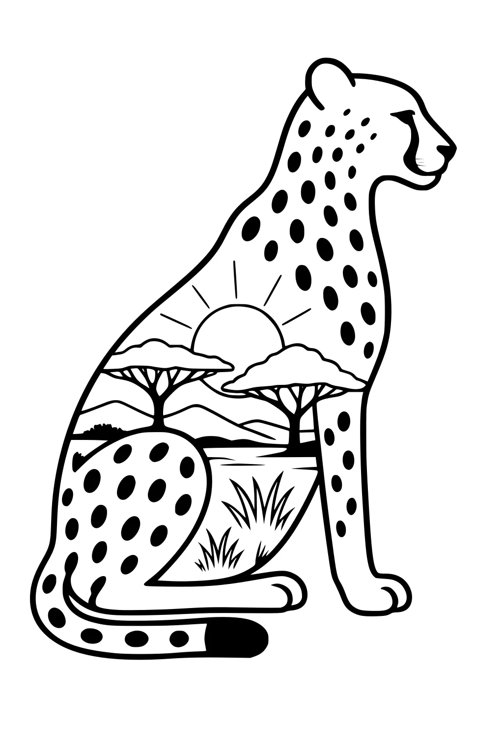 Sitting cheetah with spotted fur and a sunrise savanna scene drawn inside its body outline.