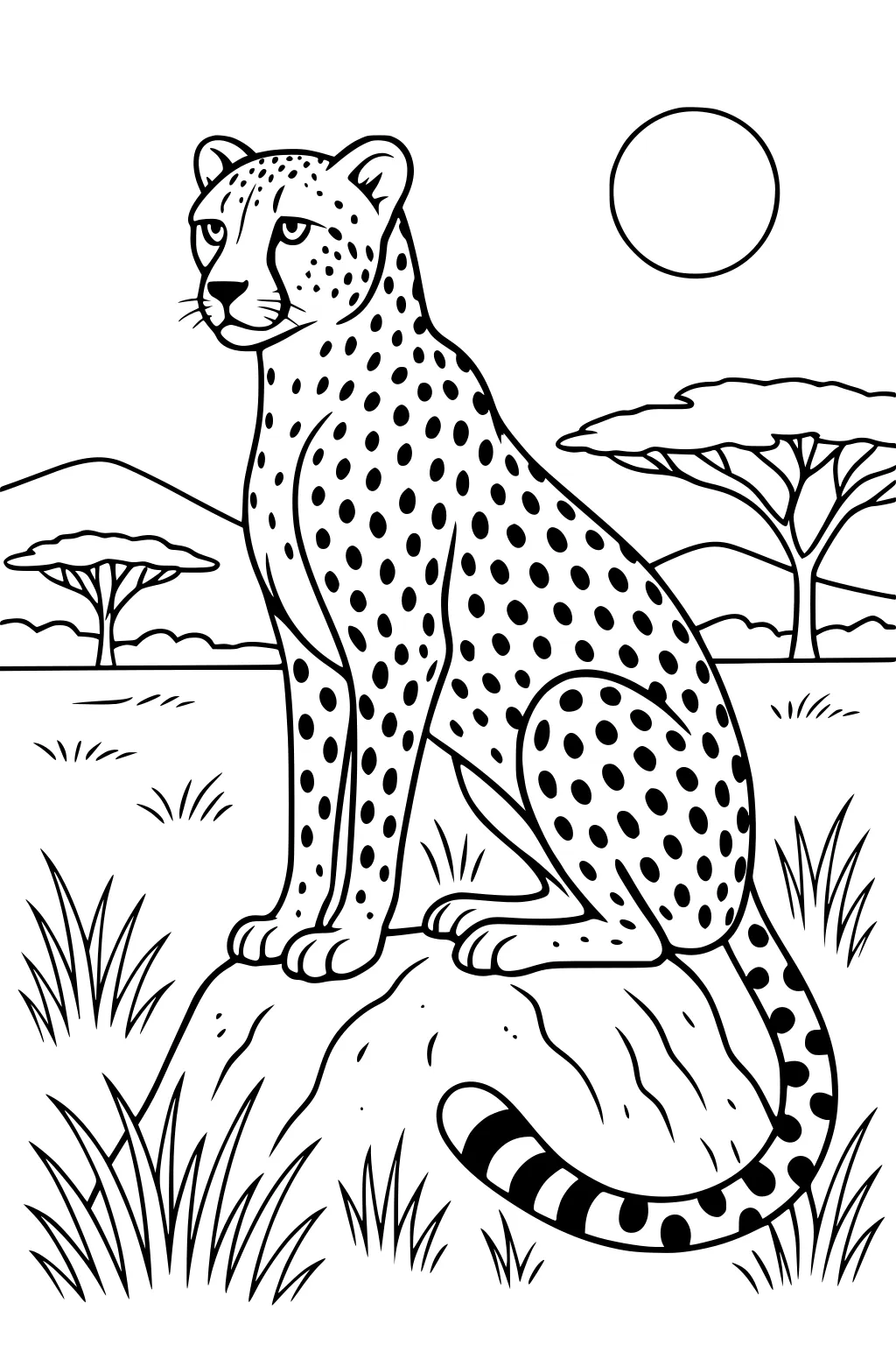 Cheetah with spots sitting on a rock in grassy savannah with trees, hills, and the sun in the background.