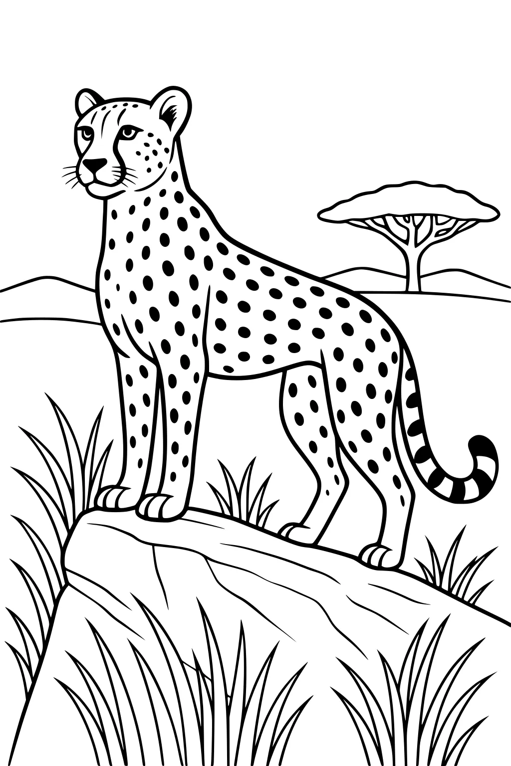 A cheetah with spots stands on a rock among grass, with a tree and hills in the background.