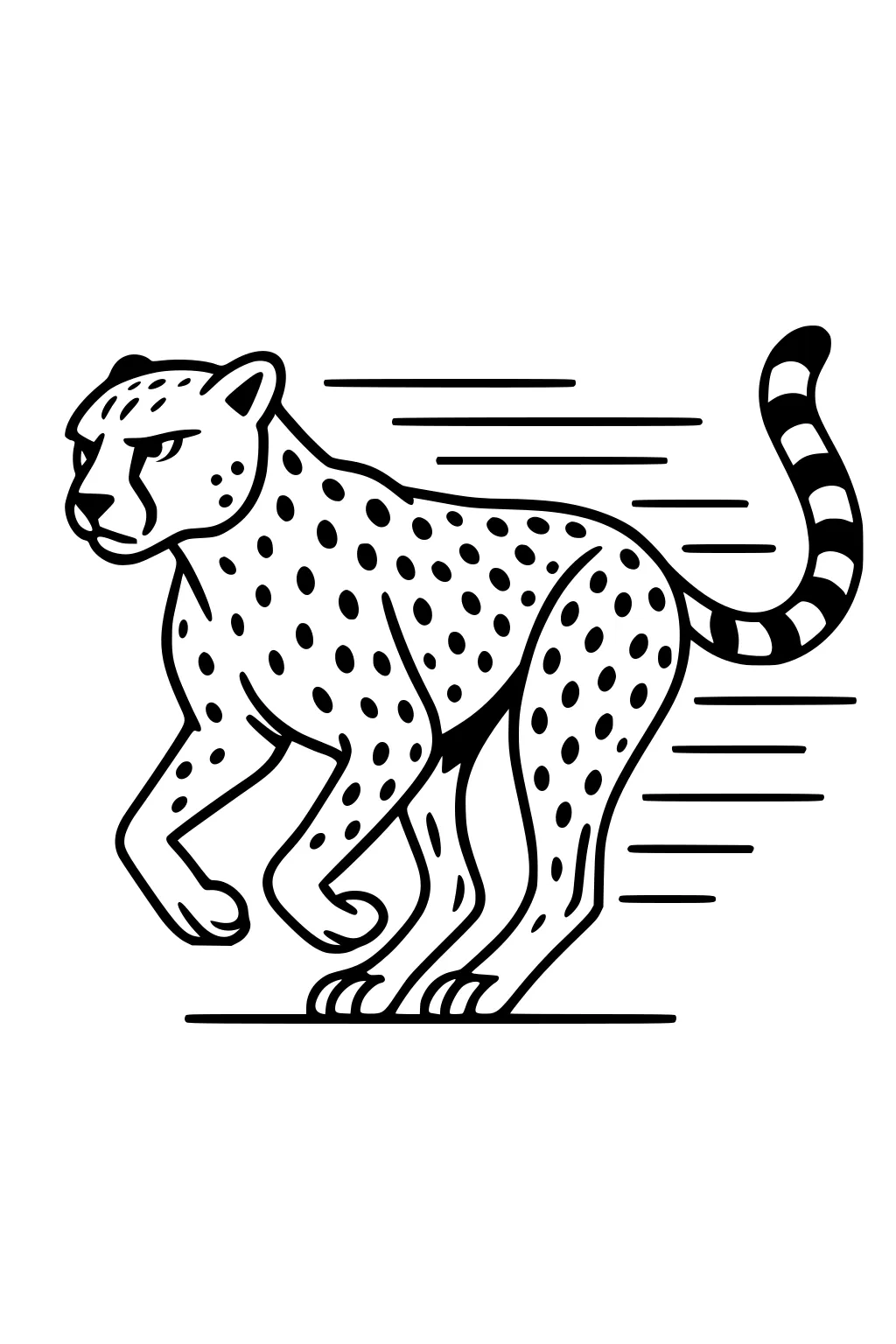A cheetah with spots and a striped tail runs with motion lines behind it.