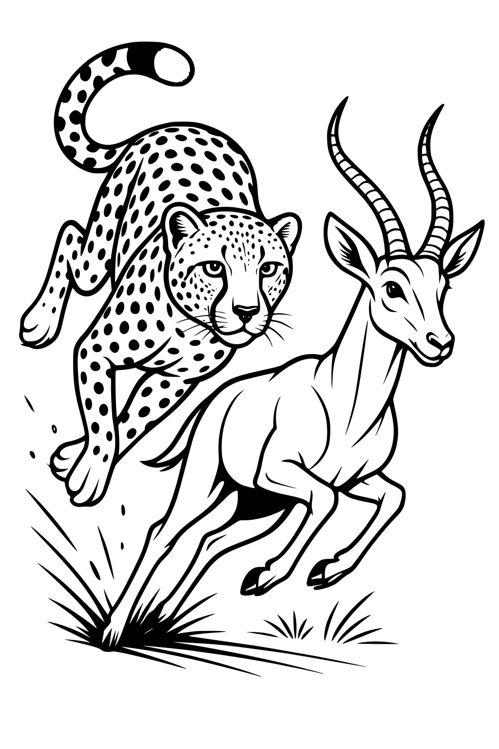 Cheetah with black spots running after a gazelle with long, curved horns. Both are mid-leap above grassy ground.