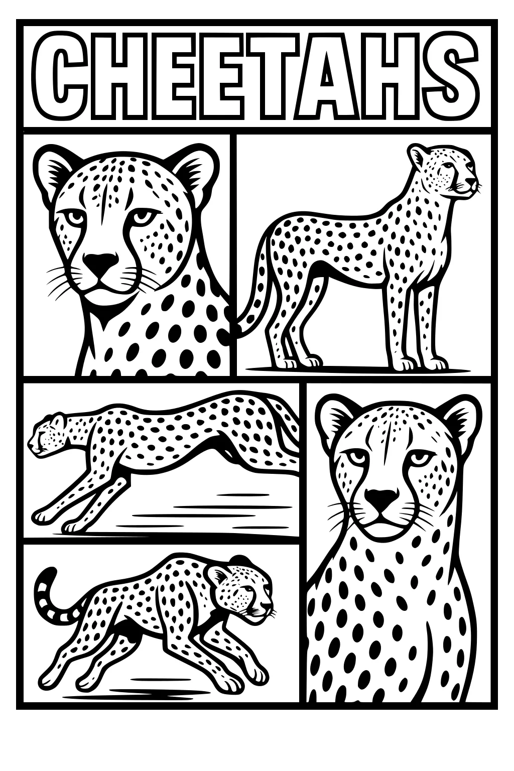 Five cheetahs in panels, including close-up faces, standing and running, all with spots and strong lines.