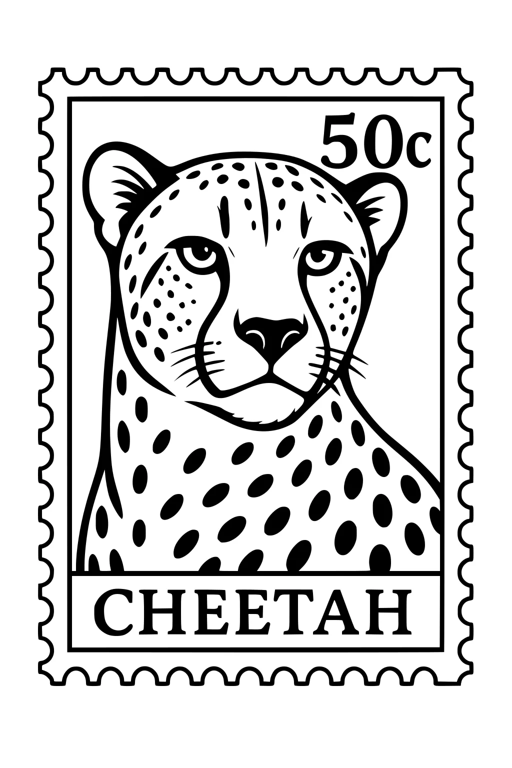 Cheetah face and shoulders inside a postage stamp border with spots, bold outlines, and the word cheetah below.