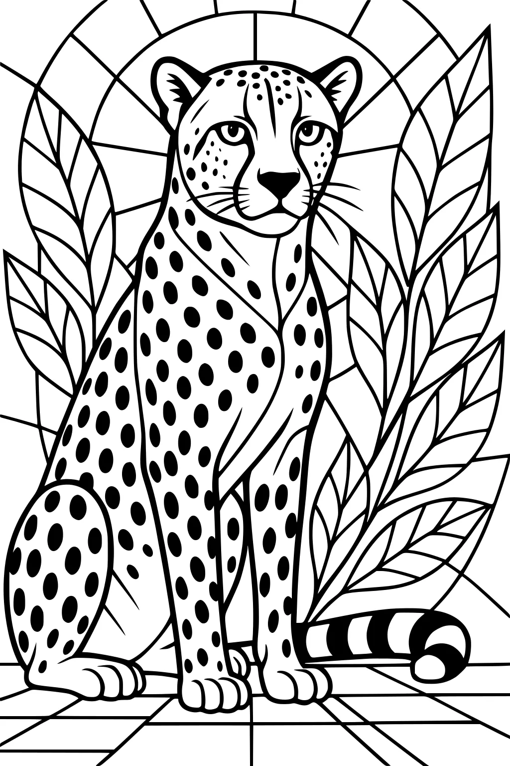 Cheetah sitting on tiled ground, surrounded by large leaves and sunburst rays in background, with bold spots and striped tail.