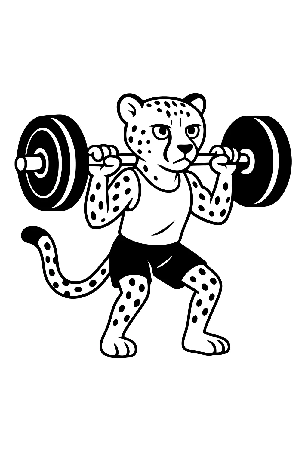 Cartoon cheetah in a tank top and shorts lifting a barbell overhead with both paws, spots visible on fur.