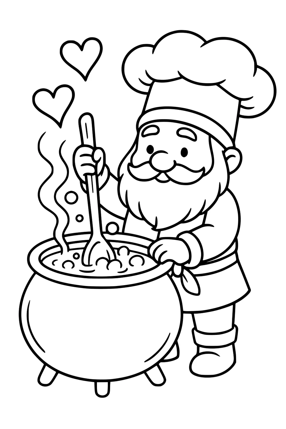 Smiling gnome chef stirs a bubbling cauldron with a spoon; steam and two hearts rise above; big hat, belt, and boots.