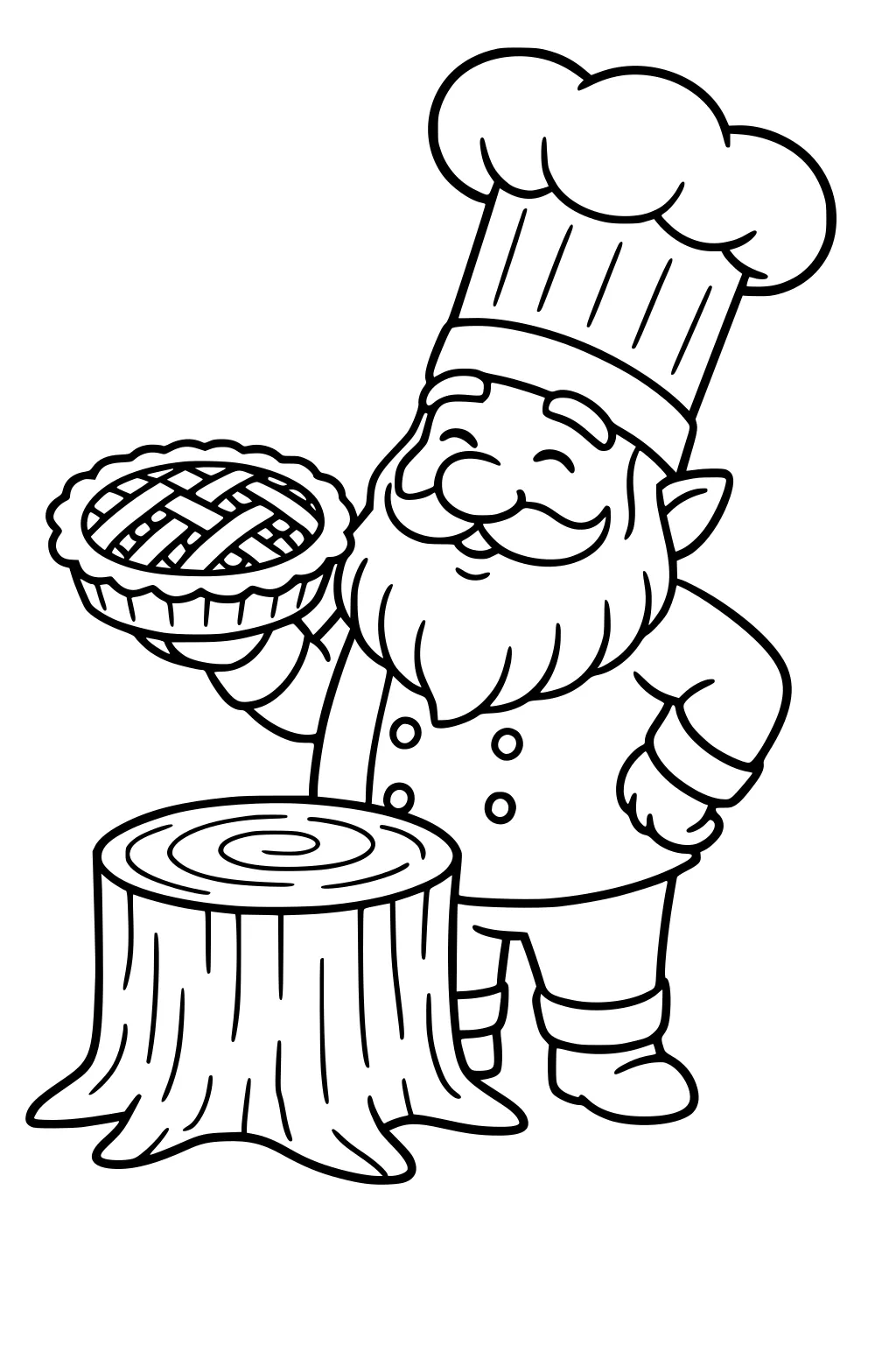 Smiling gnome baker in a chef hat holds a lattice pie by a tree stump table, one hand on hip, with beard and coat.