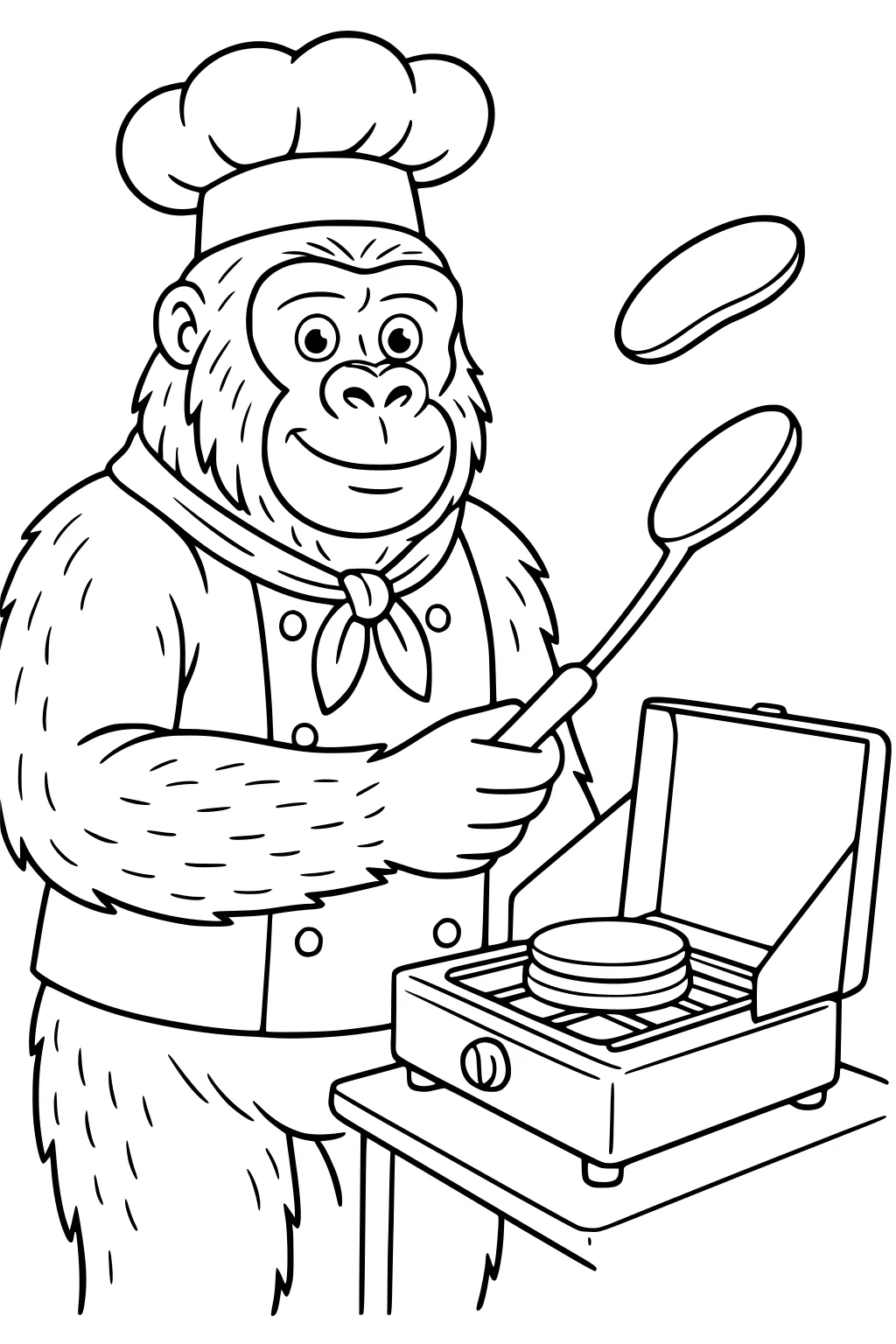 Gorilla chef flipping two pancakes with a spatula at a griddle on a table, wearing a chef’s hat and scarf.