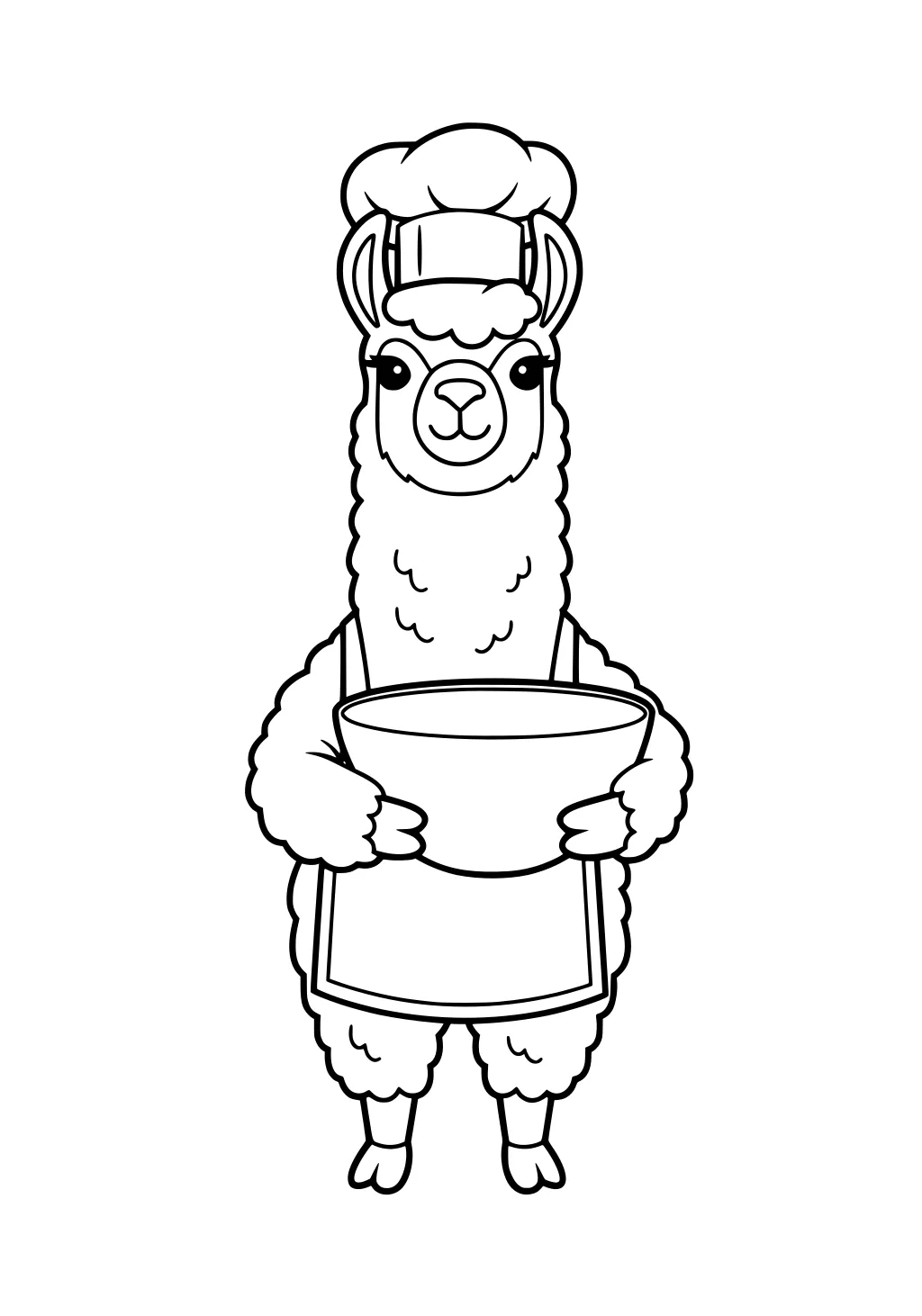 Llama in chef hat and apron standing upright, holding a mixing bowl with both hooves.