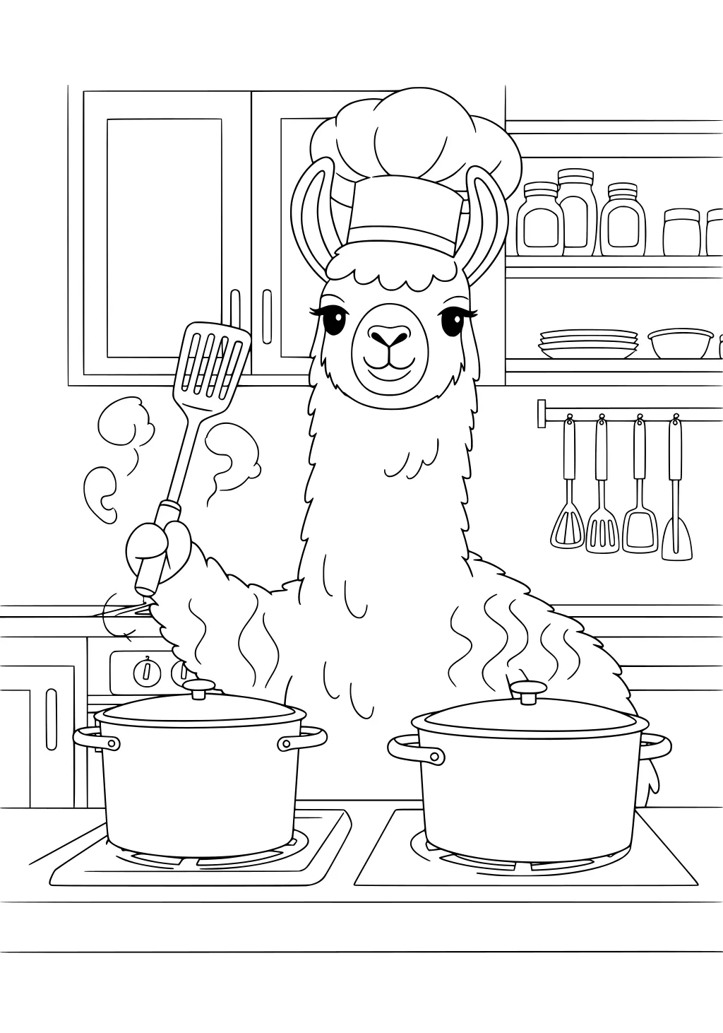 Llama in chef hat cooking at stove with two pots, spatula in hoof, jars and utensils on kitchen shelves in background.