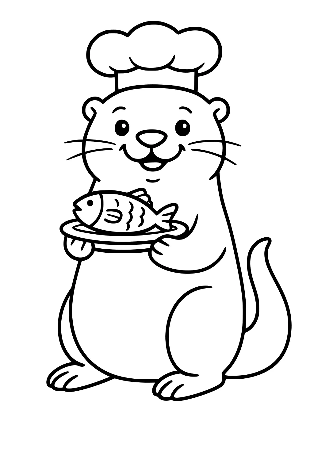 Otter wearing a chef's hat, holding a fish on a plate, smiling, and standing upright with tail curling behind.