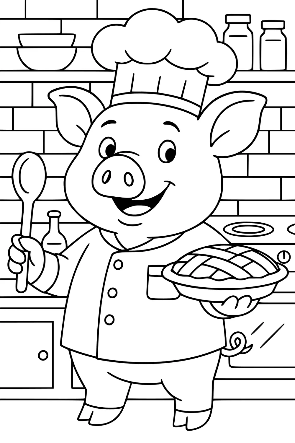 Pig chef smiling in a kitchen, holding a spoon and a pie, with shelves and jars in the background.