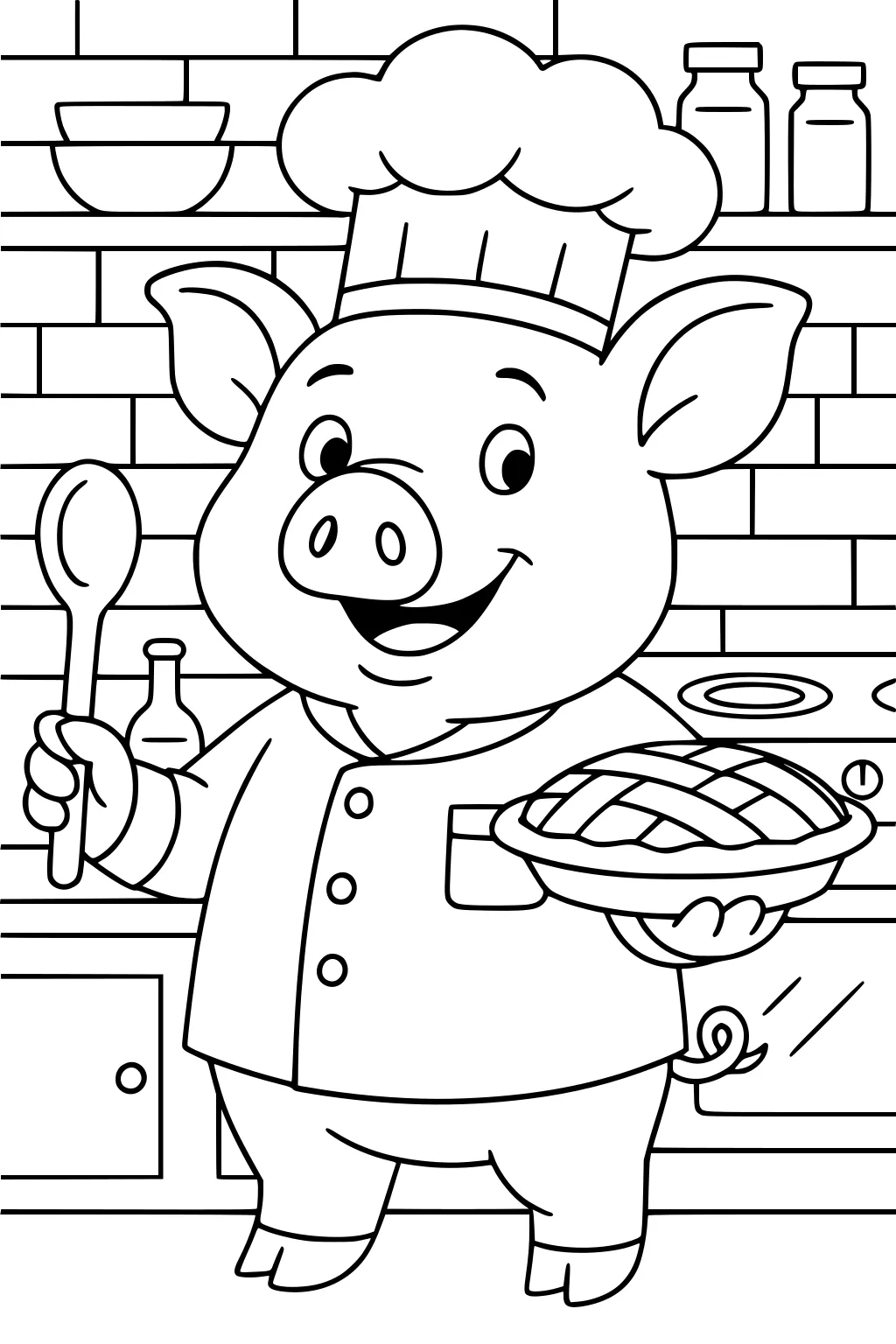 Pig chef smiling in a kitchen, holding a spoon and a pie, with shelves and jars in the background.