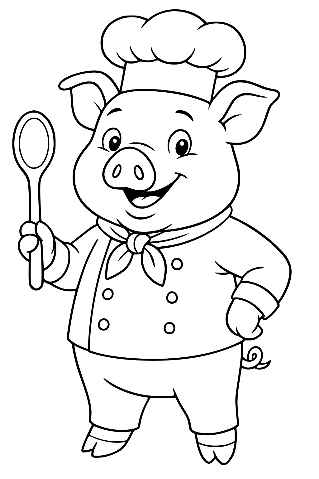 Smiling cartoon pig in chef outfit holding a wooden spoon and standing upright