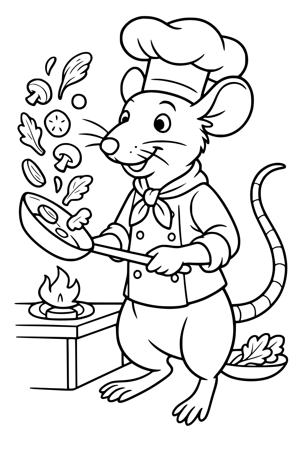 Rat chef in a hat and jacket flips vegetables in a pan over a stove, with a bowl of greens at his side.