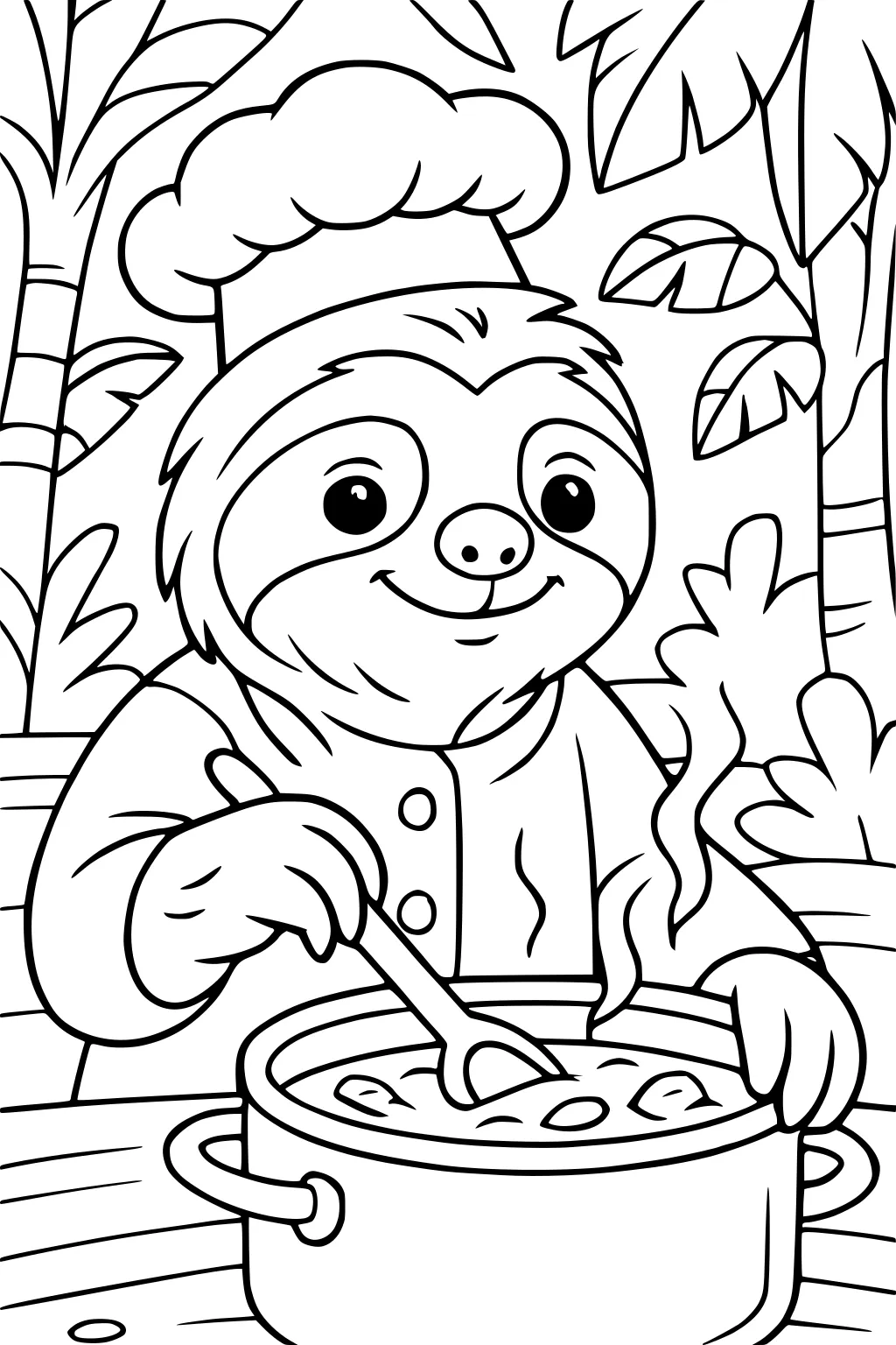 Sloth in chef hat and jacket stirs a steaming pot of soup, sitting at a table surrounded by jungle leaves and trees.