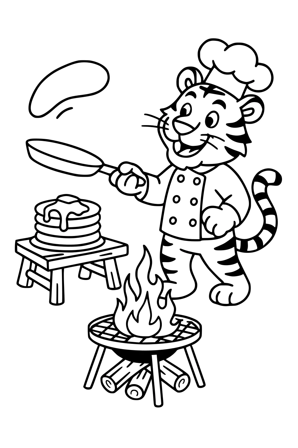 Chef tiger flips a pancake over a campfire grill with syrupy pancakes on a wooden stool nearby.