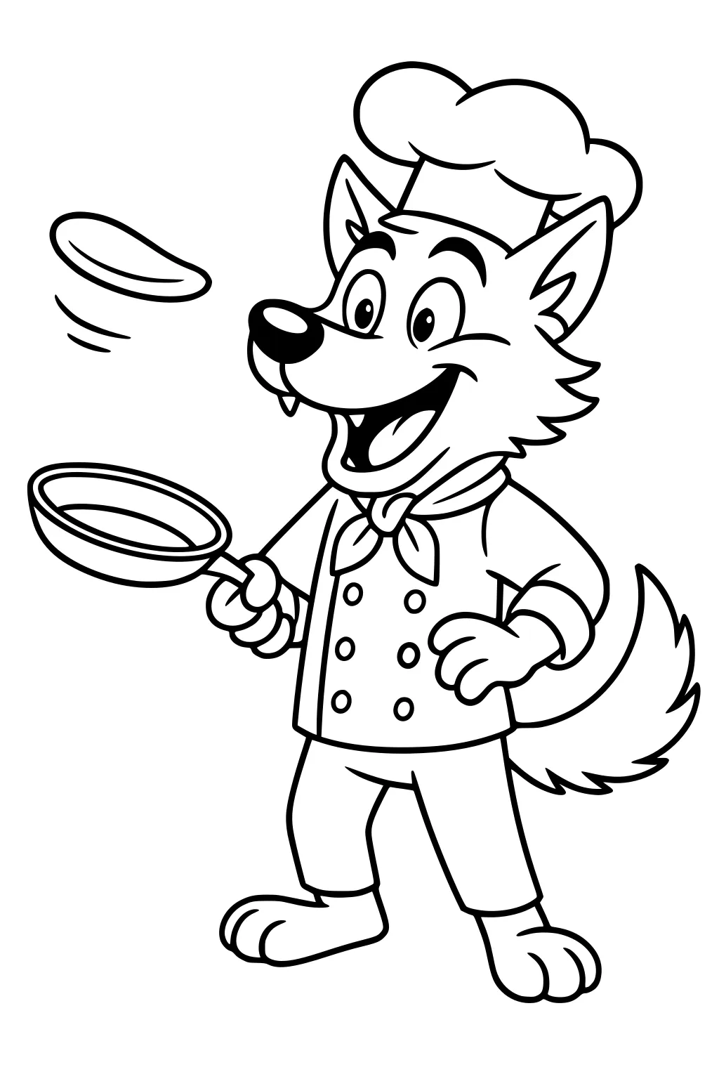 Cartoon wolf chef flipping a pancake with a frying pan, wearing a buttoned coat and scarf, smiling with a wagging tail.