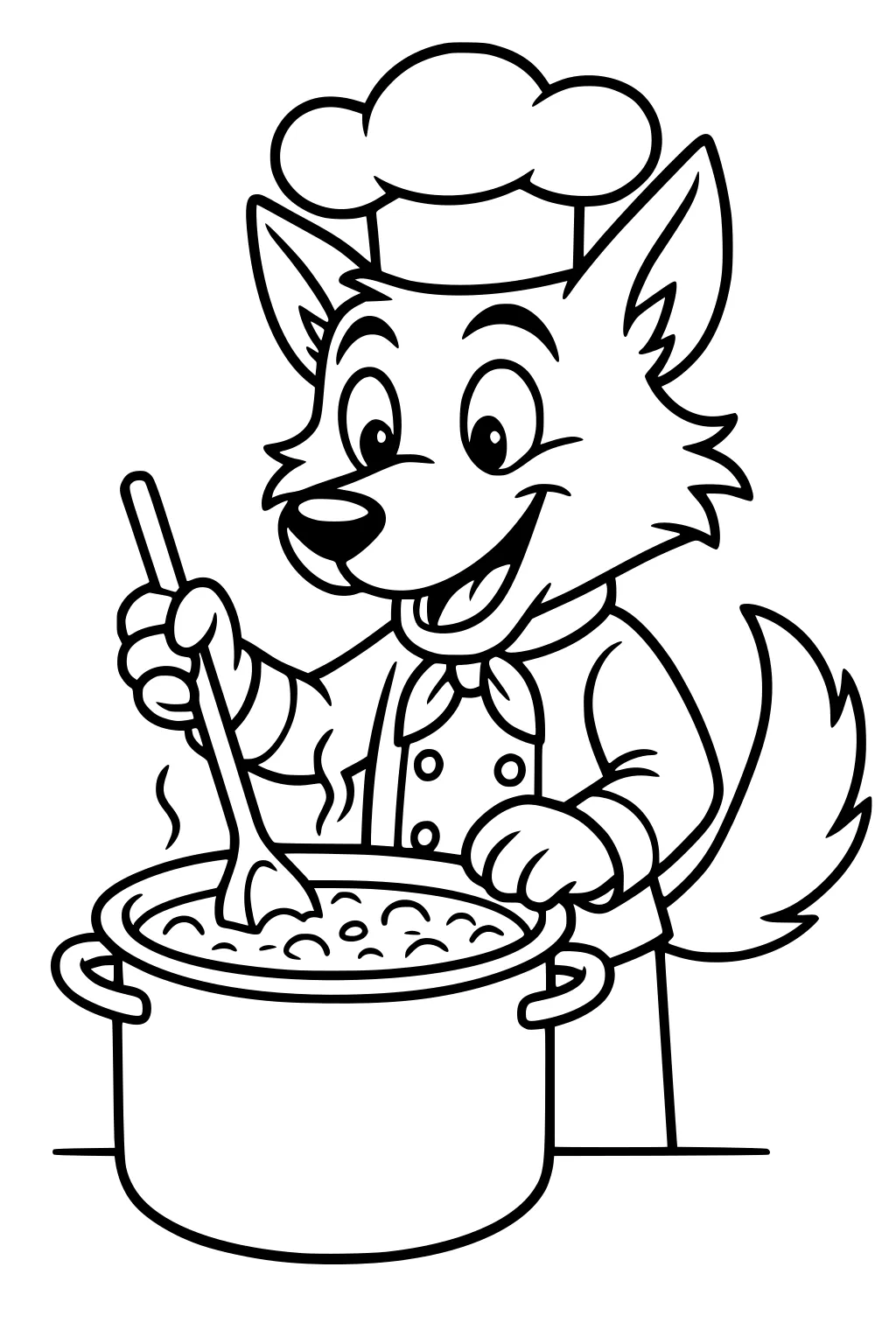 Cartoon wolf chef stirs bubbling soup in a big pot with a wooden spoon; steam rises; he wears a hat and coat at a counter.