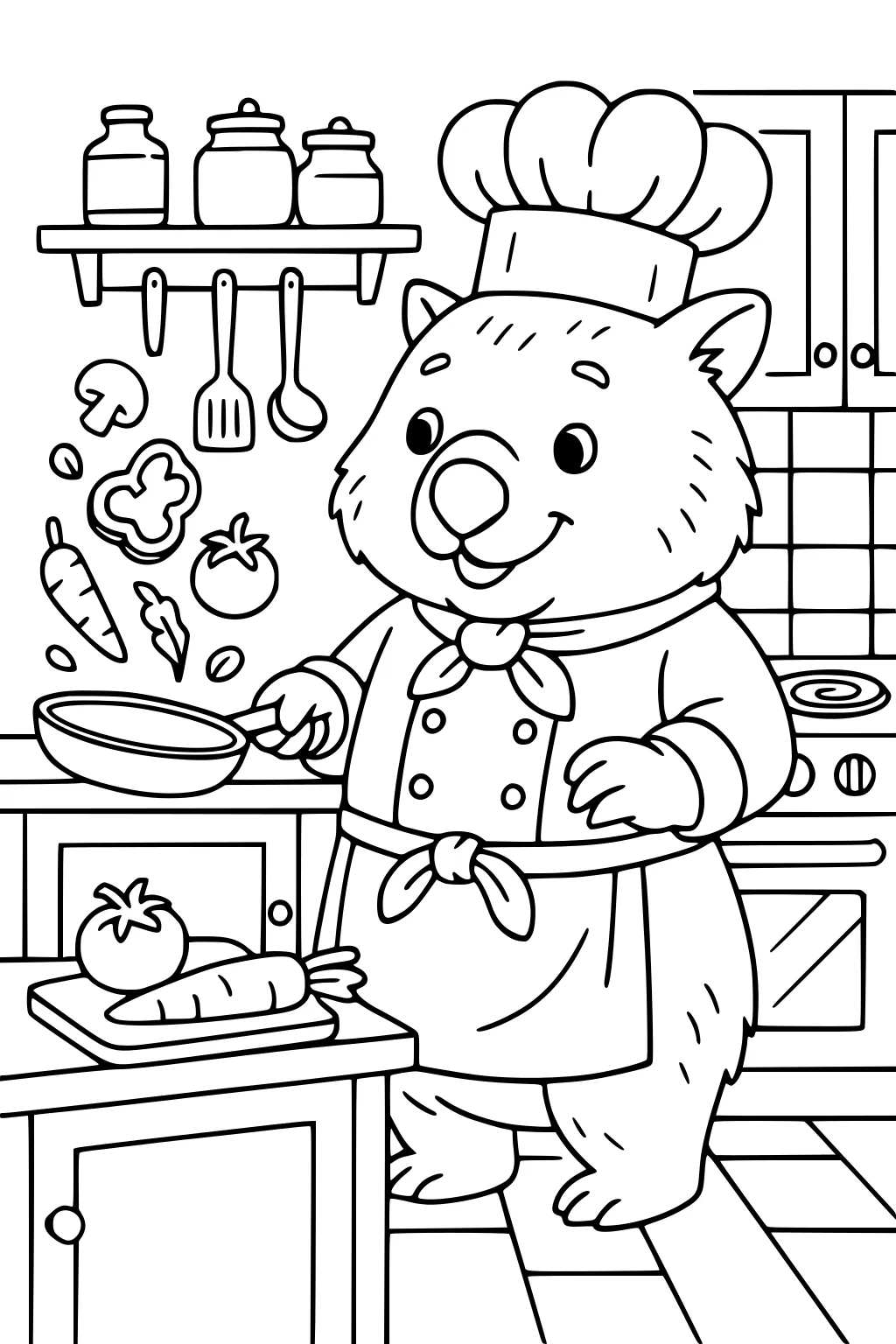 Wombat chef in apron and hat cooks veggies in a pan; utensils, jars, stove, and cutting board in a tidy kitchen.