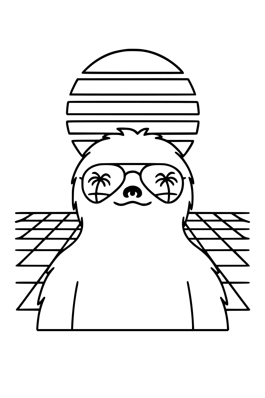 Cartoon sloth with sunglasses showing palm trees, striped sunset, and grid pattern ground in the background.