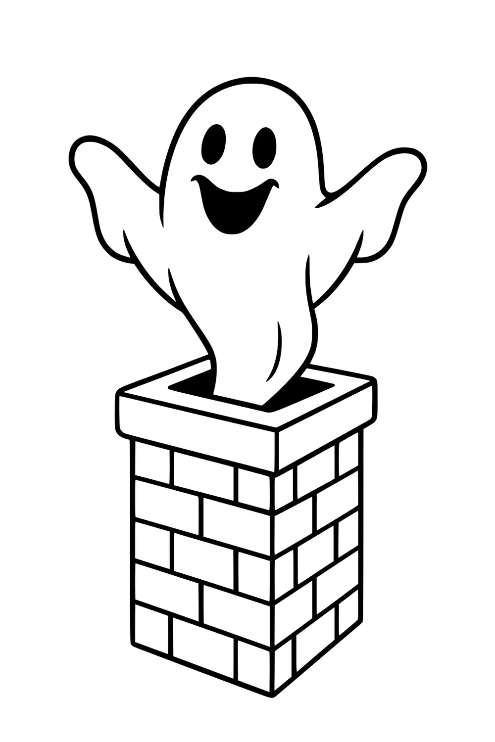 Smiling cartoon ghost popping from a brick chimney with arms raised, bold outlines and a blank background.