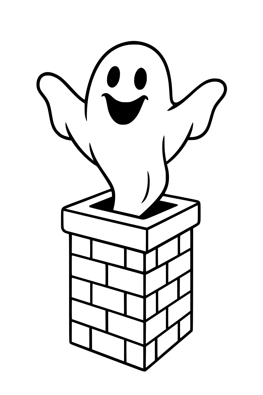 Smiling cartoon ghost popping from a brick chimney with arms raised, bold outlines and a blank background.