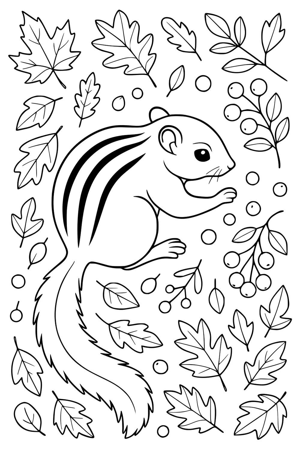 Chipmunk with striped back surrounded by scattered leaves and berry branches.