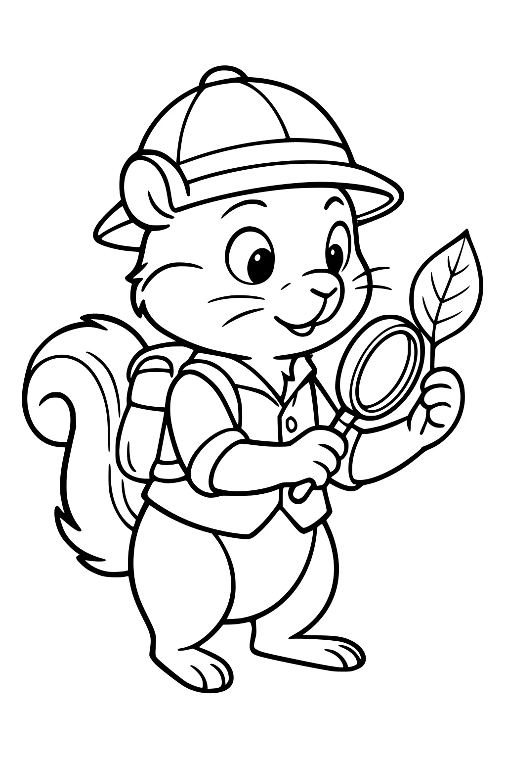 Chipmunk in explorer hat and vest, holding magnifying glass to a leaf, wearing a backpack, standing upright.