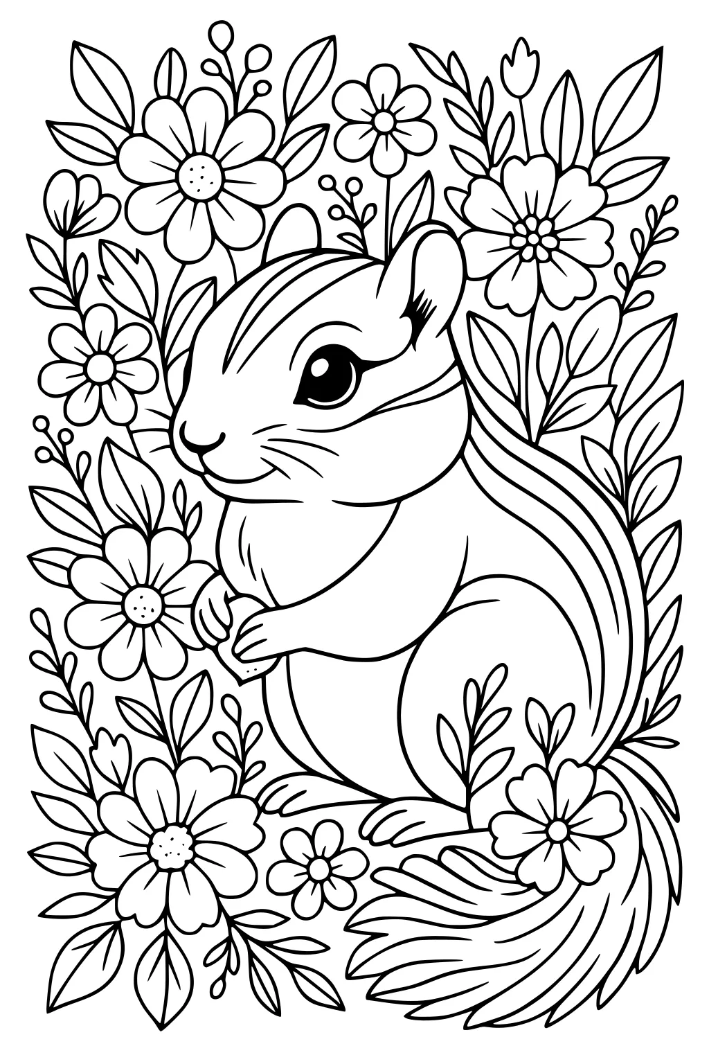 Smiling chipmunk with striped fur sitting surrounded by large and small flowers and leafy plants.