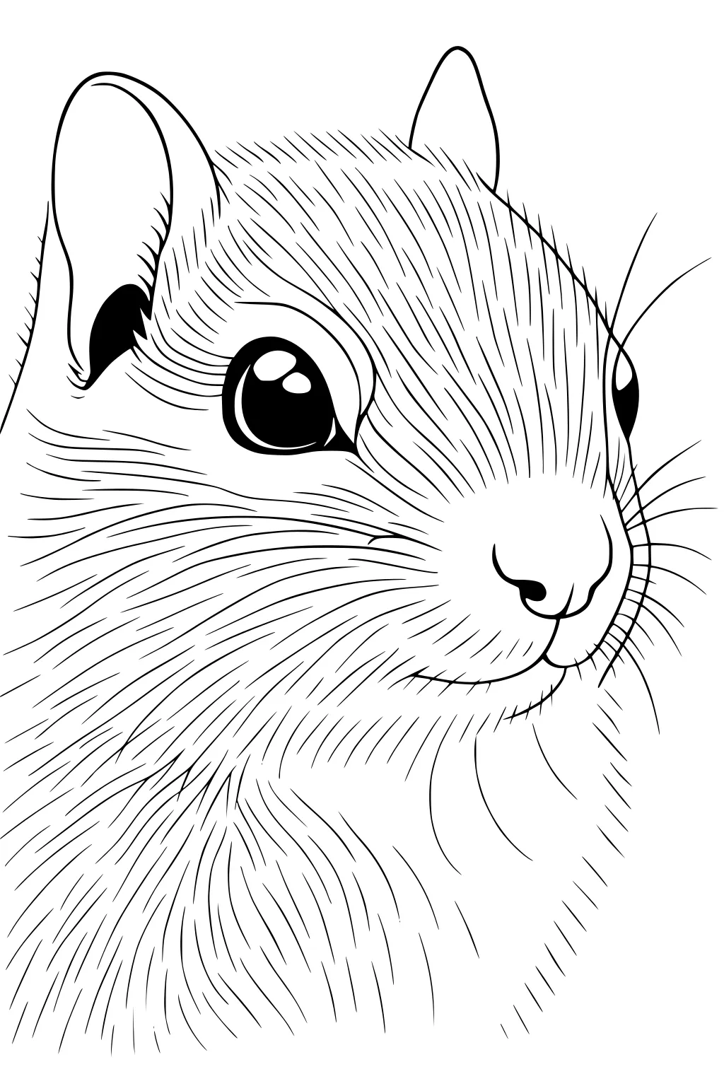Close-up drawing of a chipmunk face with detailed fur lines, big dark eyes, tiny nose, and rounded ears.