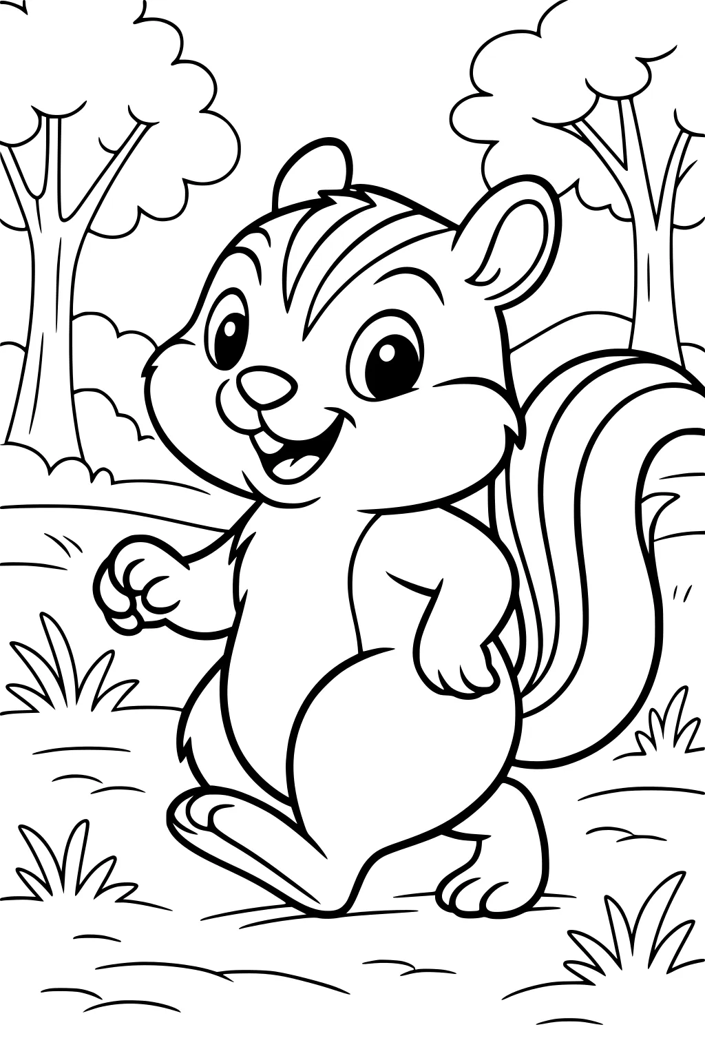 Smiling chipmunk with striped tail walking in grassy forest with trees and bushes in background.