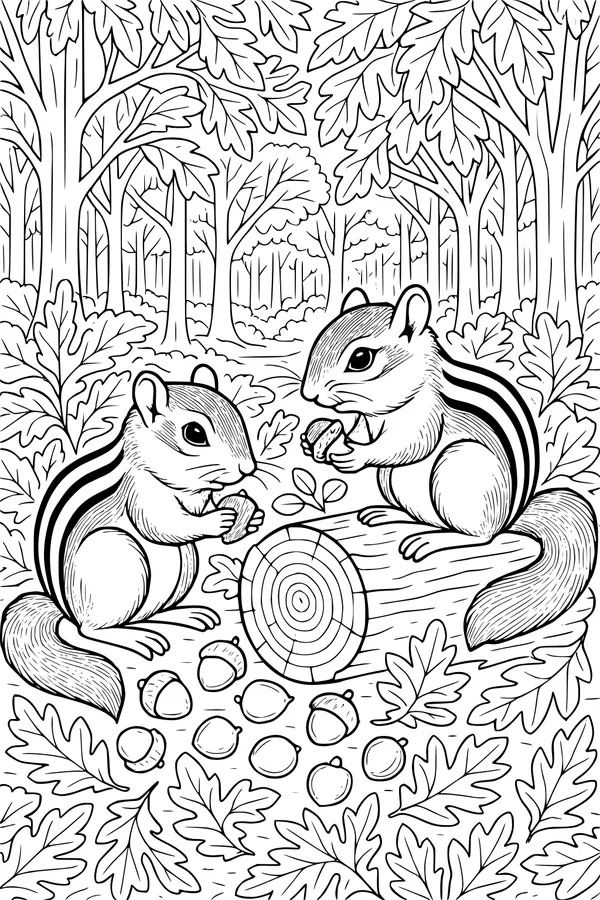 Forest Picnic with Two Busy Chipmunks