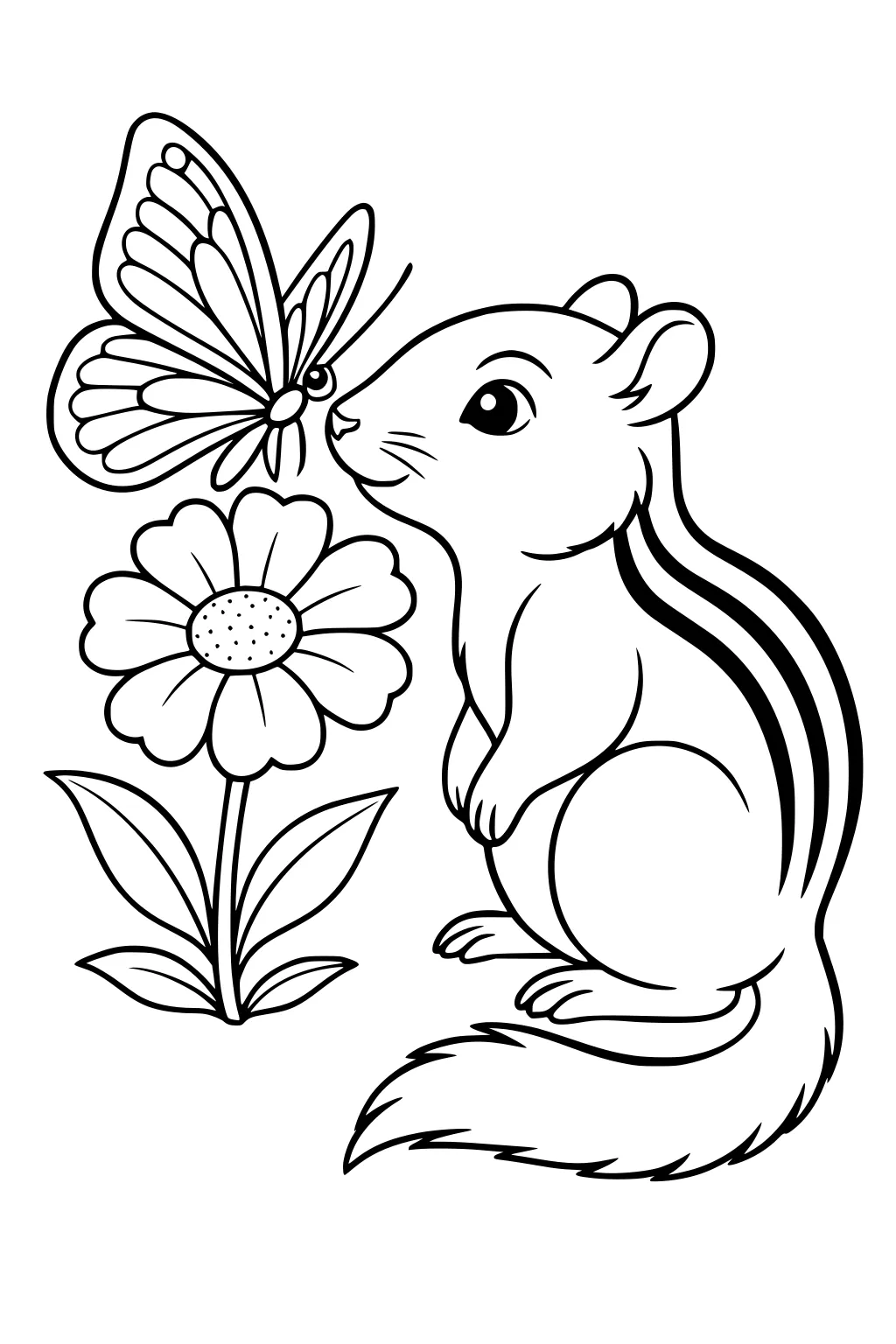 Cartoon chipmunk sitting beside a big flower, looking up at a butterfly with open wings.