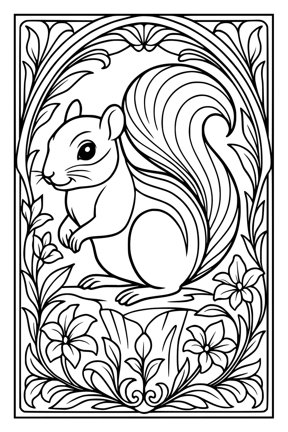 Chipmunk with a bushy tail sits among flowers and leafy border, outlined with detailed lines and patterns.