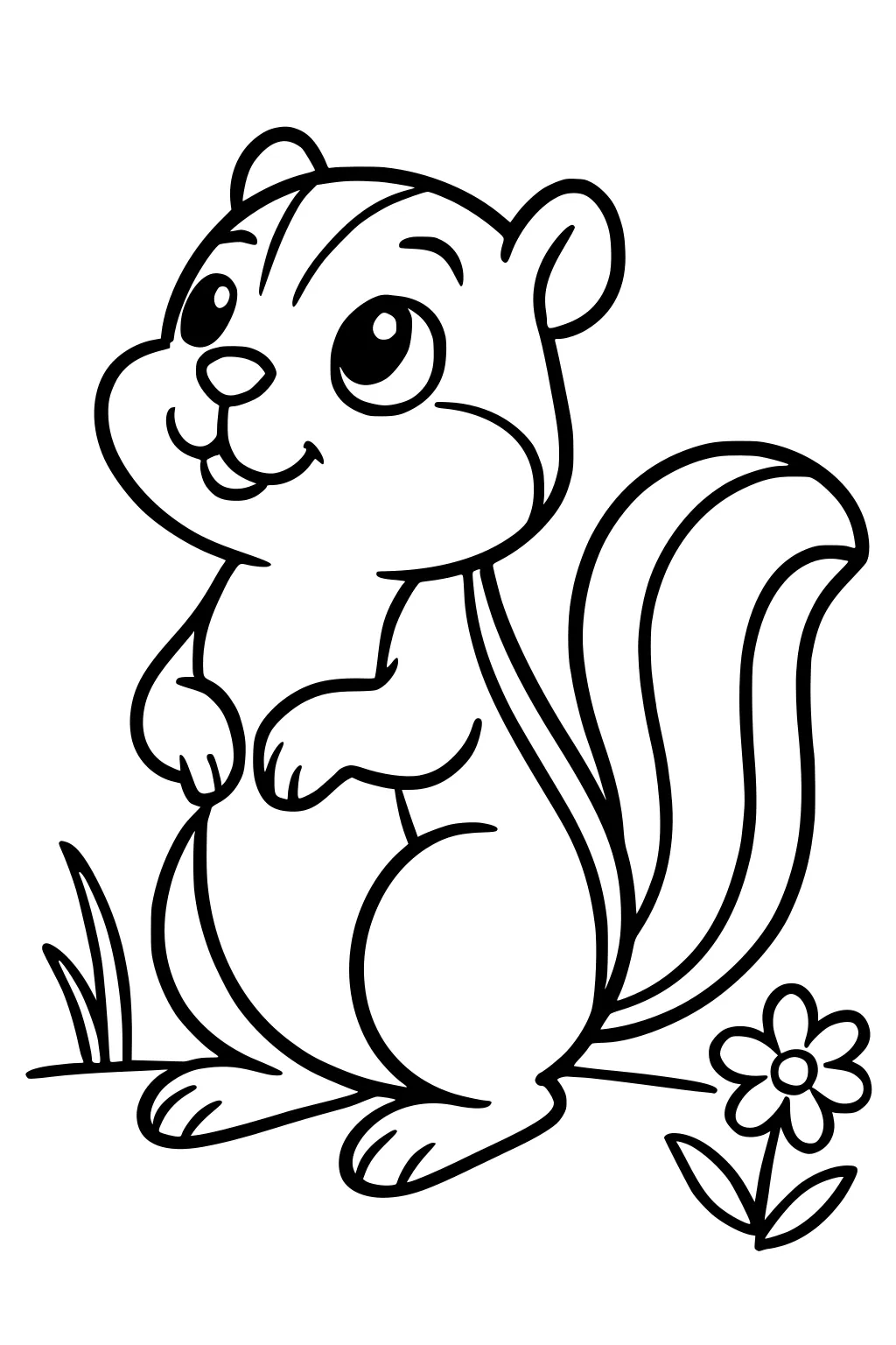 Cartoon chipmunk with large eyes and striped tail, standing on hind legs next to a flower and two blades of grass.