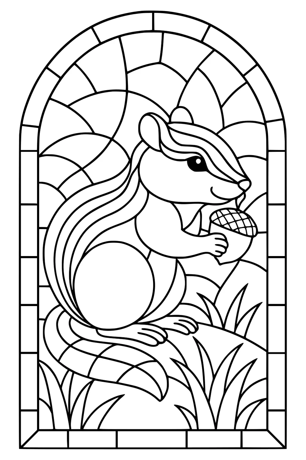 Cartoon chipmunk holding an acorn on a grassy hill with a stained glass style background and border.